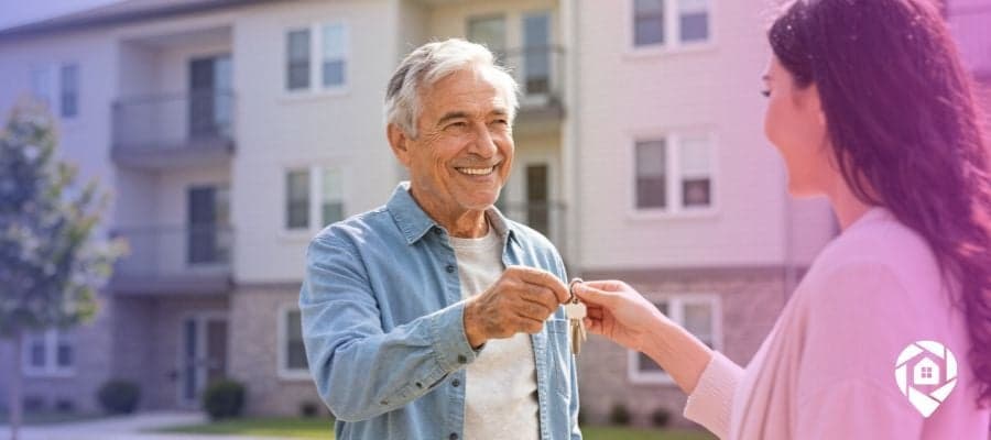 An older man handing keys to a multi-unit building over to a young real estate investor