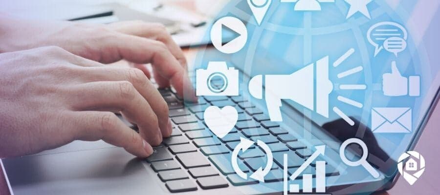 Hands typing on a laptop with digital marketing and real estate icons, symbolizing online strategies for closing more deals.