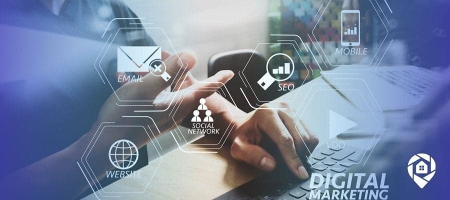 Investor at a computer with different marketing strategies overlayed