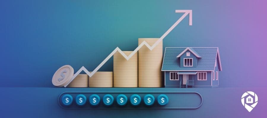Coins and money next to a house with an increasing trend line.