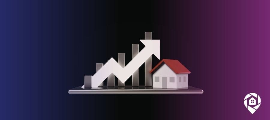 house hovering in a black void with a bar graph to the left of it with increasing bars and an increasing trend line