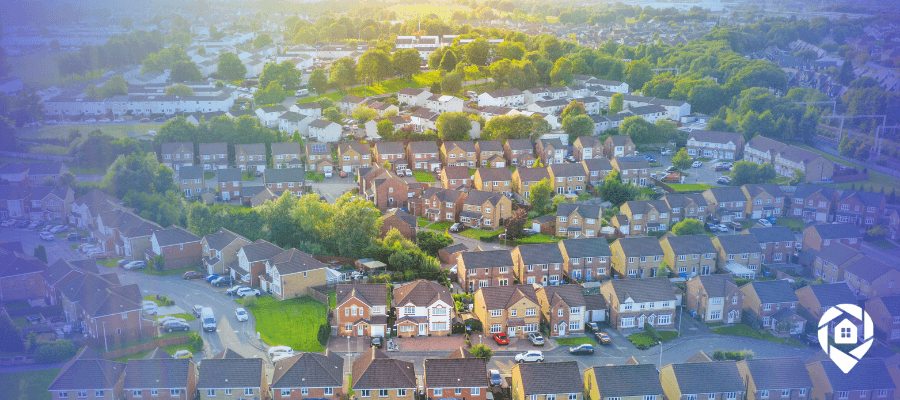 Aerial view of a revitalized neighborhood representing Dwayne Ransifer’s mission to buy back the block through real estate investment.