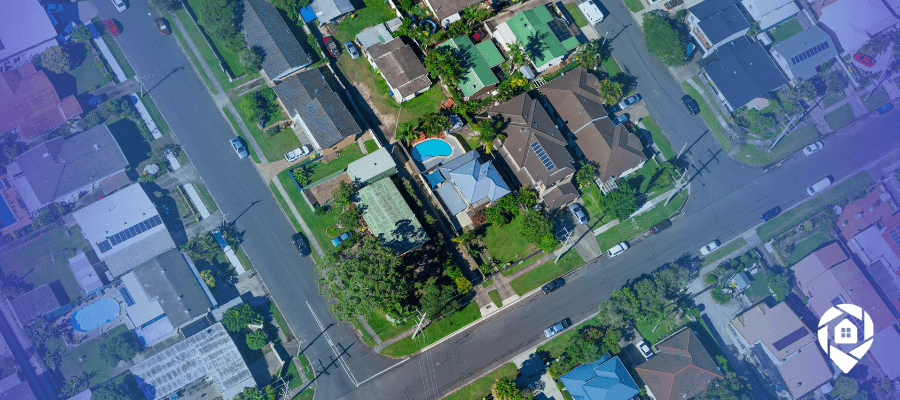 Aerial view of residential homes representing short sale investing opportunities and underwater properties.