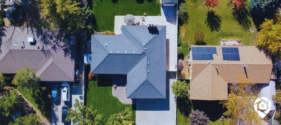 Neighborhood houses in aerial view.