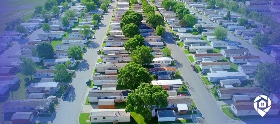 Aerial view of a mobile home park community showcasing affordable housing and real estate investment opportunities.