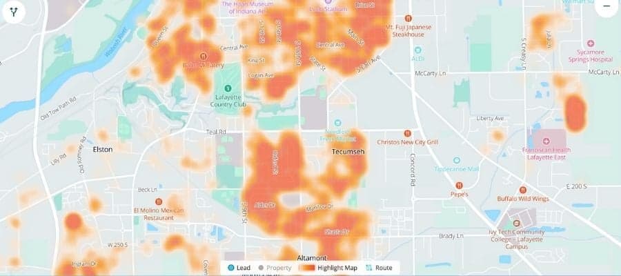 A display of the real estate heat map available in DealMachine.