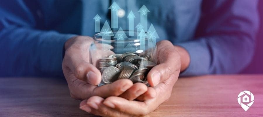 An investor with a jar full of money with arrows increasing representing wealth built with tax lien or tax deed investment.