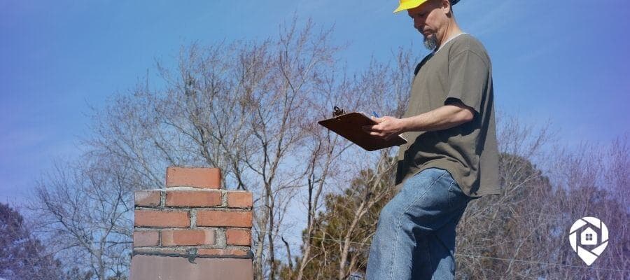 Home inspector assessing a brick chimney with a clipboard.