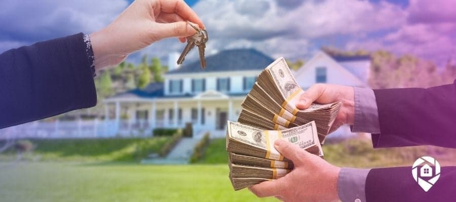 On the left hand ready to hand over keys and on the right hands with money to symbolize How to Find Real Estate Cash Buyers.